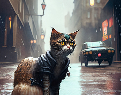Mysterious cat roaming the city streets in the rain